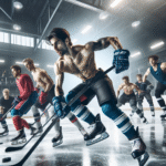 An intense ice hockey training scene with players practicing both on ice and in a gym, showcasing a blend of strength and agility.