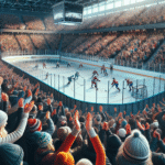 A vibrant scene from a Norwegian ice hockey game with cheering fans in a packed arena.