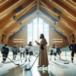 Lagbilde av et moderne ishockeylag i trening: trener som leder øvelse på isen, blanding av unge og erfarne spillere, tydelig lagånd, nordisk ishockeyhall, naturlig lys