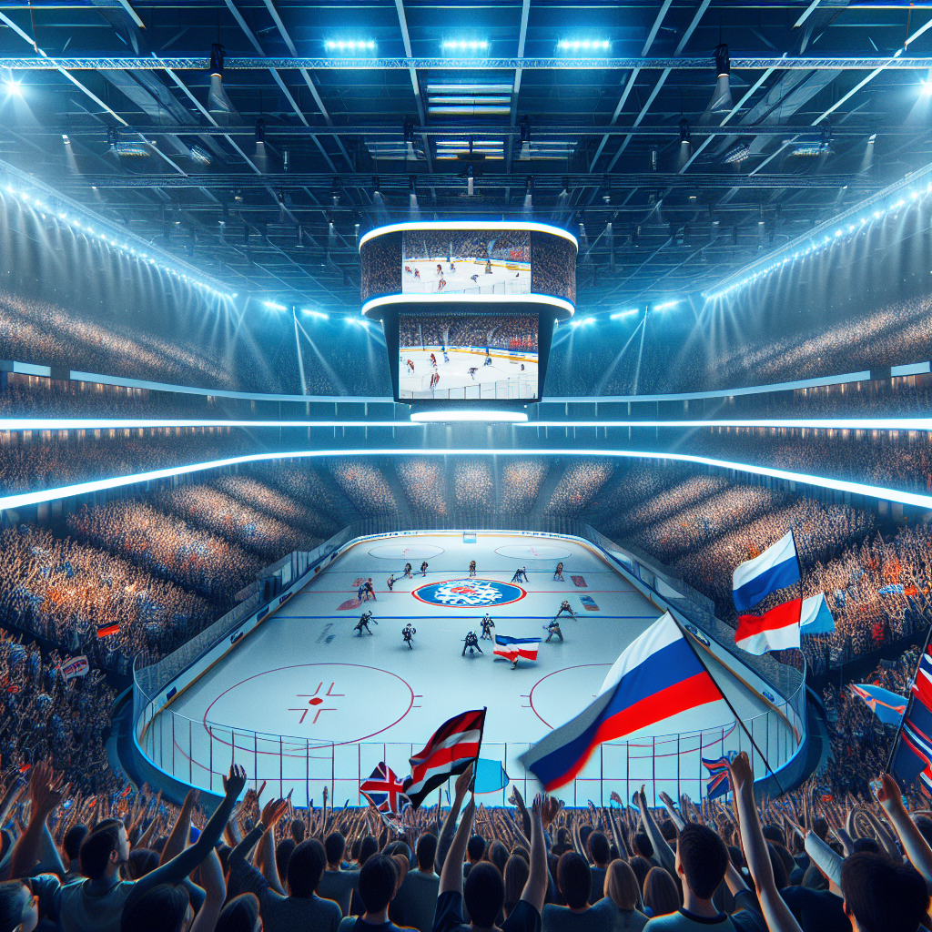 Moderne ishockeyarena med fullt publikum, sterke lys, supportere med flagg og store videovegger, atmosfærisk og energisk