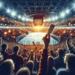 Energisk ishockeytribune med glade fans, arenabelysning og synlige billetter i hånden; fokus på stemning og fellesskap, realistisk stil