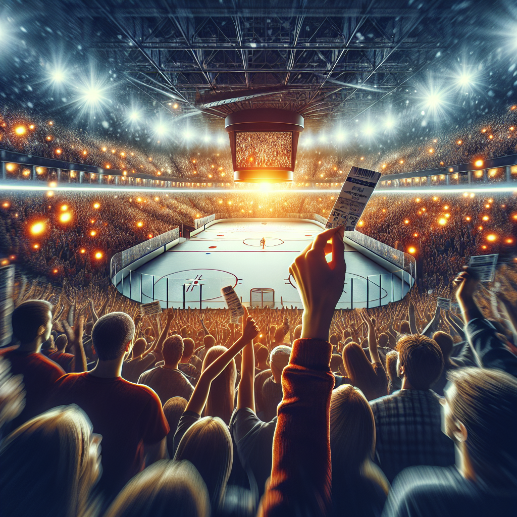 Energisk ishockeytribune med glade fans, arenabelysning og synlige billetter i hånden; fokus på stemning og fellesskap, realistisk stil