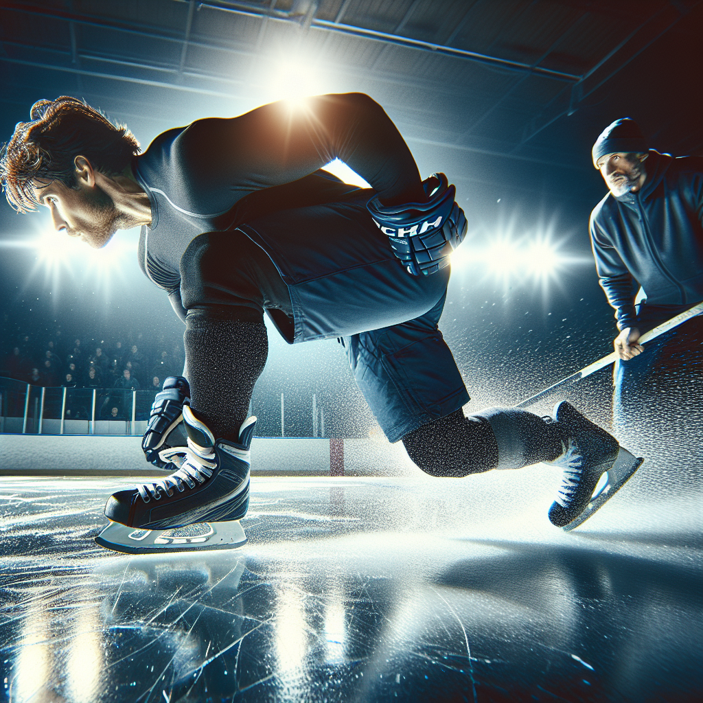 En ishockeyspiller i trening: eksplosiv start på isen, trener i bakgrunnen, fokus på styrke og mobilitet, kald arenabelysning, dynamisk bevegelse