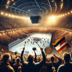 Storslått ishockeytribune med supportere som synger kampsang, flagg, trommer og varme lys, energisk og inkluderende atmosfære