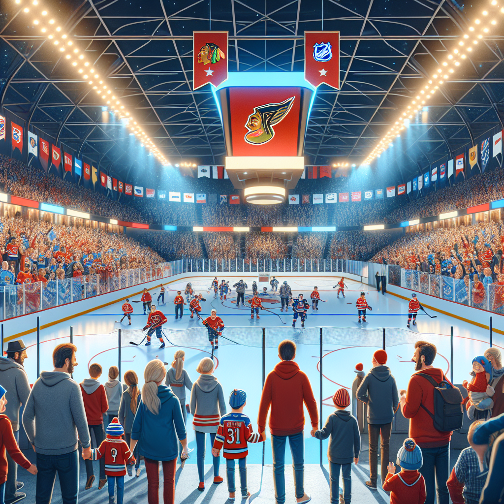 En livlig hockeyarena fylt med glade supportere i klubbfarger før kamp, bannere, familier ved inngangen og feststemning under flomlysene