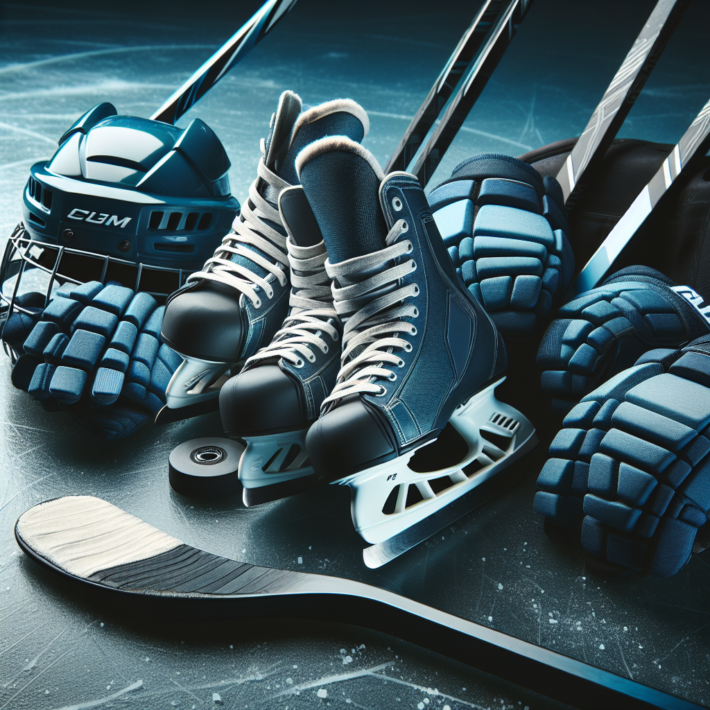 Moderne ishockeyutstyr oppstilt på isens kant: skøyter, kølle, hjelm og hansker i kald blå tone, detaljrik tekstur og profesjonelt sportsmiljø