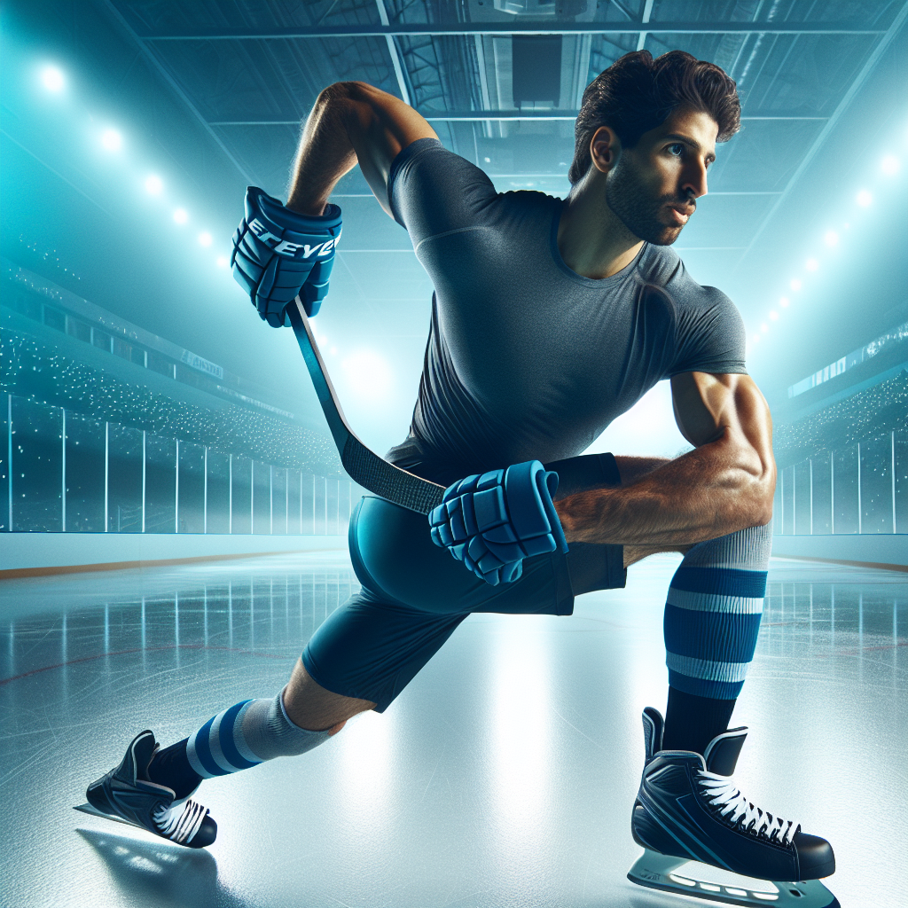 Ishockeyspiller utfører mobilitetsøvelser ved siden av isen: kombinasjon av styrketrening og skøyteøyemed, dynamisk bevegelse, klart lys, sportslig og moderne estetikk