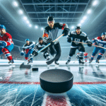 En moderne ishockeyarena under spill, nærbilde av puck i aksjon på isen med dommer og spillere i bakgrunnen, fokus på bevegelse og regler