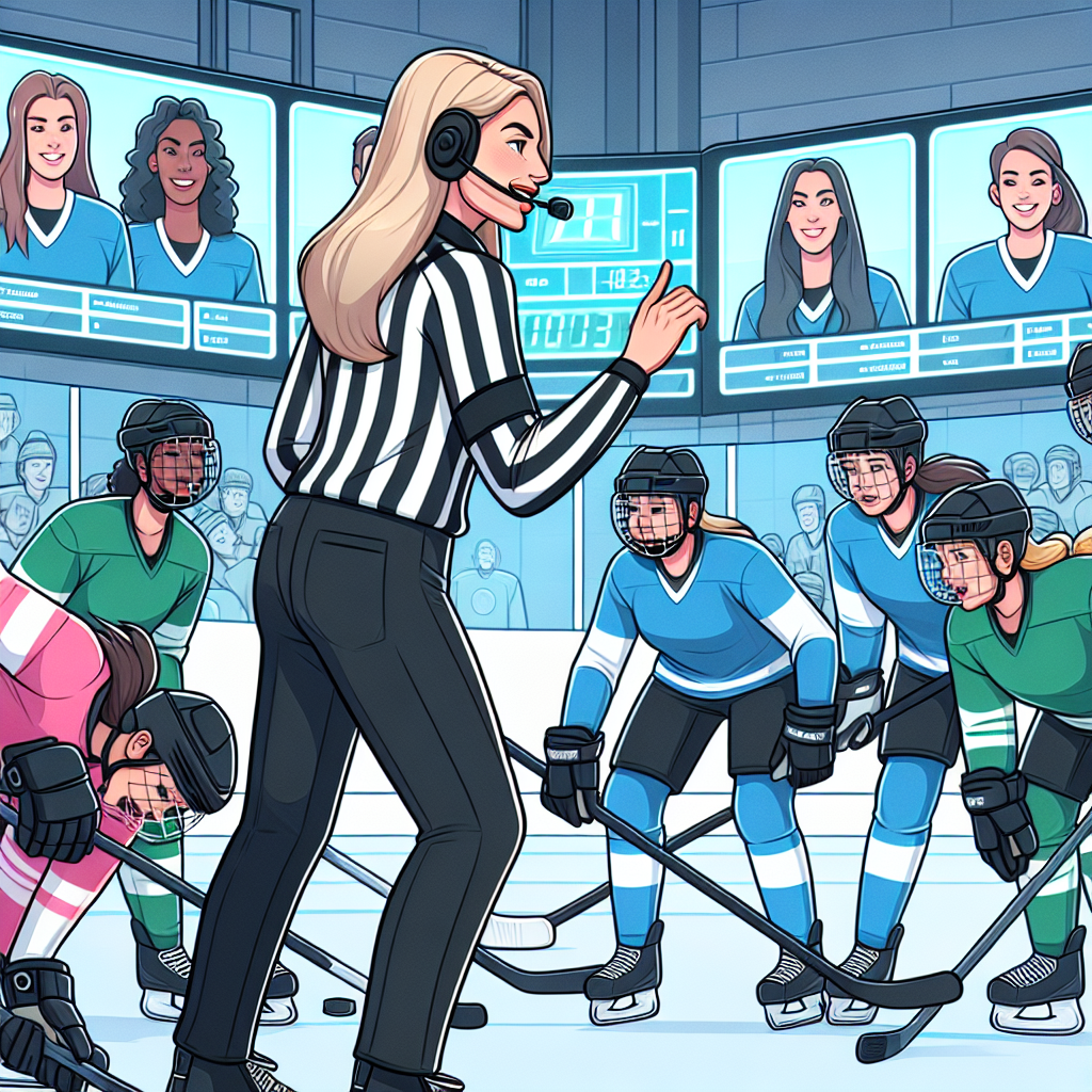 Illustrasjon av en ishockeydommer i aksjon på isen, tydelig kommunikasjon med spillere, moderne videoteknologi i bakgrunnen, fokus på sikkerhet og fair play