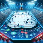 Oversiktlig, moderne ishockeysceneri: arena med publikum, taktisk tavle, spillere i aksjon og trofé i bakgrunnen i blå og røde toner