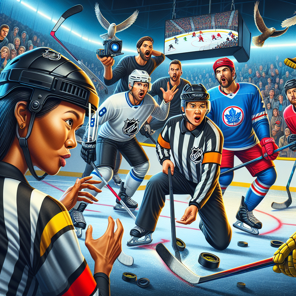 Actionbilde av ishockeyspillere i en arena under et moment som illustrerer regelendringer: dommer som ser på videogransking, fokus på sikkerhetsutstyr og intens kampdynamikk, realistisk stil